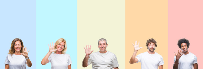 Collage of group of young and middle age people wearing white t-shirt over color isolated background showing and pointing up with fingers number five while smiling confident and happy.