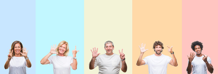 Collage of group of young and middle age people wearing white t-shirt over color isolated background showing and pointing up with fingers number seven while smiling confident and happy.