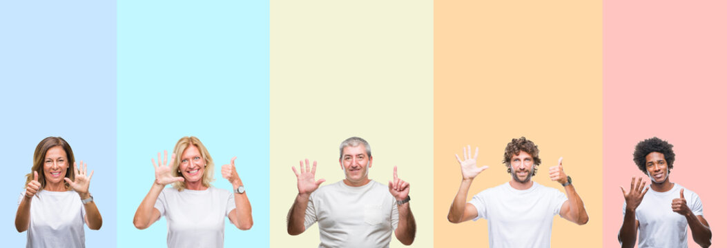 Collage of group of young and middle age people wearing white t-shirt over color isolated background showing and pointing up with fingers number six while smiling confident and happy.