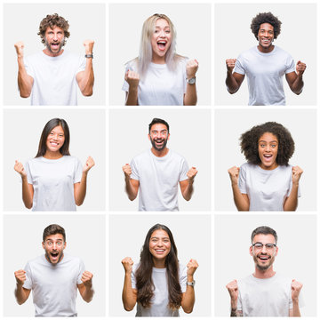 Collage of group of people wearing casual white t-shirt over isolated background celebrating surprised and amazed for success with arms raised and open eyes. Winner concept.