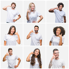 Fototapeta na wymiar Collage of group of people wearing casual white t-shirt over isolated background smiling doing phone gesture with hand and fingers like talking on the telephone. Communicating concepts.