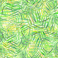 Seamless watercolor background from green tropical leaves, palm leaf, floral pattern. Bright Rapport for Paper, Textile, Wallpaper, design. Tropical leaves watercolor. 