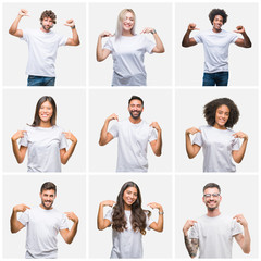 Collage of group of people wearing casual white t-shirt over isolated background looking confident...