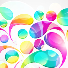 Abstract colorful paisley arc-drop pattern on a white background. Transparent colorful drops and circles design card.  Vector illustration.