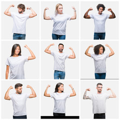 Collage of group of people wearing casual white t-shirt over isolated background showing arms muscles smiling proud. Fitness concept.