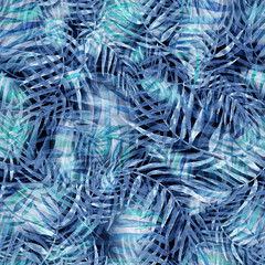 Seamless watercolor background from purple, blue tropical leaves, palm leaf, fern, floral pattern. Bright Rapport for Paper, Textile, Wallpaper, design. Tropical leaves watercolor. 