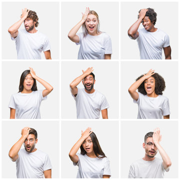 Collage of group of people wearing casual white t-shirt over isolated background surprised with hand on head for mistake, remember error. Forgot, bad memory concept.