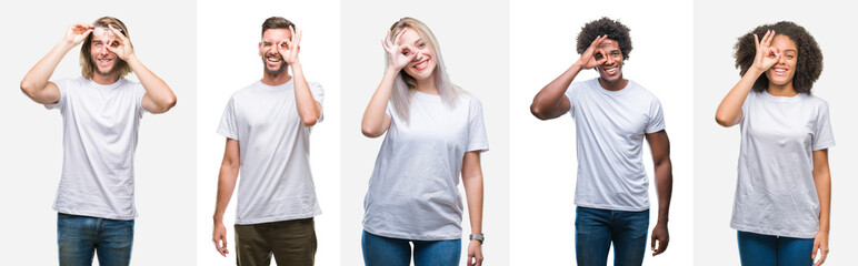 Collage of group of young people wearing white t-shirt over isolated background doing ok gesture with hand smiling, eye looking through fingers with happy face.