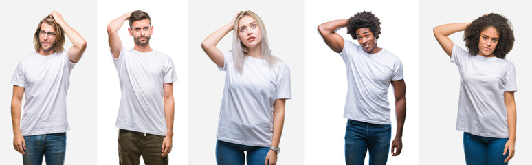 Collage of group of young people wearing white t-shirt over isolated background confuse and wonder...