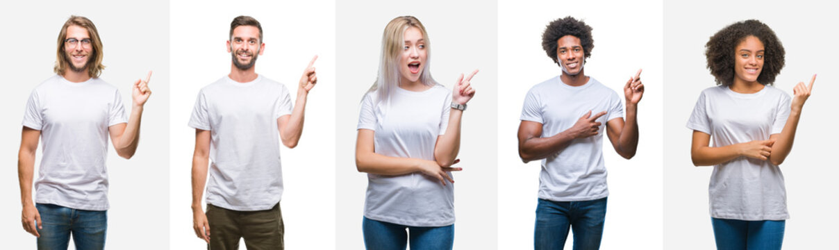 Collage of group of young people wearing white t-shirt over isolated background with a big smile on face, pointing with hand and finger to the side looking at the camera.