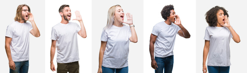 Collage of group of young people wearing white t-shirt over isolated background shouting and screaming loud to side with hand on mouth. Communication concept.