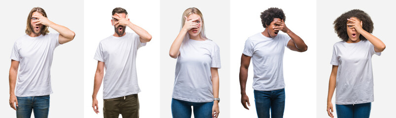 Collage of group of young people wearing white t-shirt over isolated background peeking in shock covering face and eyes with hand, looking through fingers with embarrassed expression.