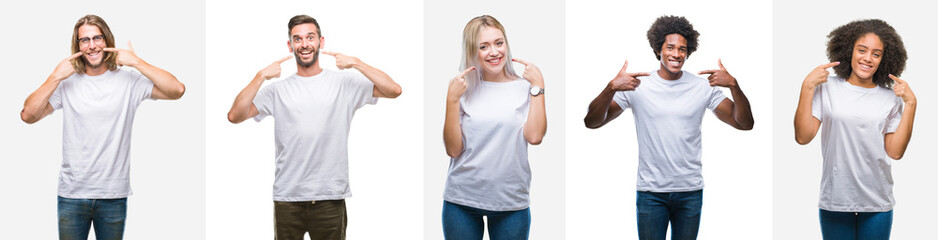 Collage of group of young people wearing white t-shirt over isolated background smiling confident showing and pointing with fingers teeth and mouth. Health concept.