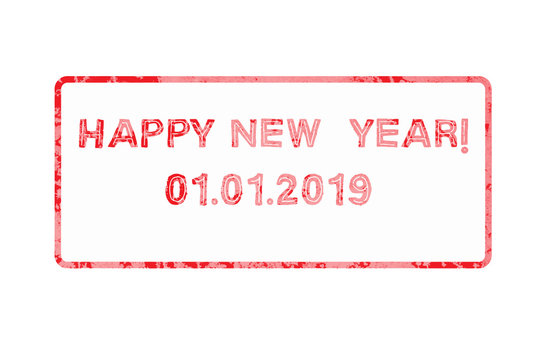 Happy new year 2019 festive postage stamp isolated on white background. Winter holiday illustration with red ink