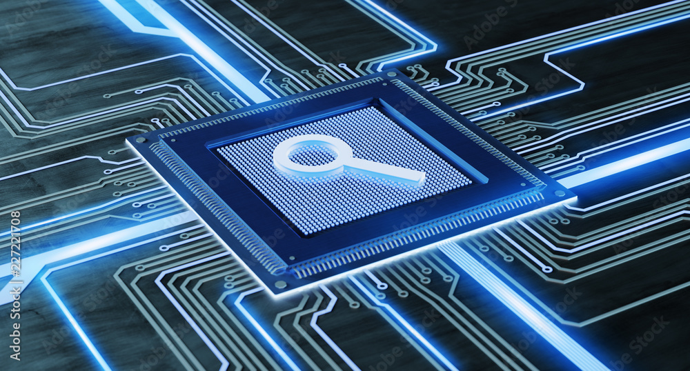 Poster cpu processor chip with a search request and network connection on a circuit board - 3d render