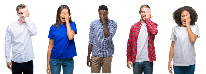 Collage of group of young asian, caucasian, african american people over isolated background covering one eye with hand with confident smile on face and surprise emotion.
