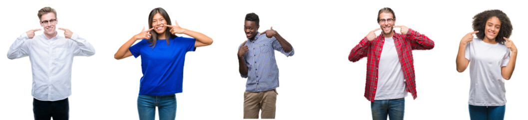 Collage of group of young asian, caucasian, african american people over isolated background smiling confident showing and pointing with fingers teeth and mouth. Health concept.