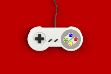 Video game console GamePad. Gaming concept. Top view retro joystick isolated on red background, 3D rendering © krung99