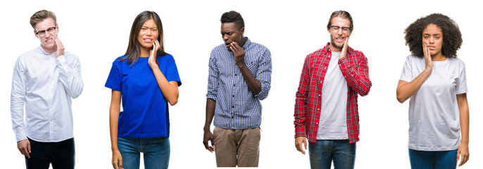 Collage of group of young asian, caucasian, african american people over isolated background touching mouth with hand with painful expression because of toothache or dental illness on teeth. Dentist