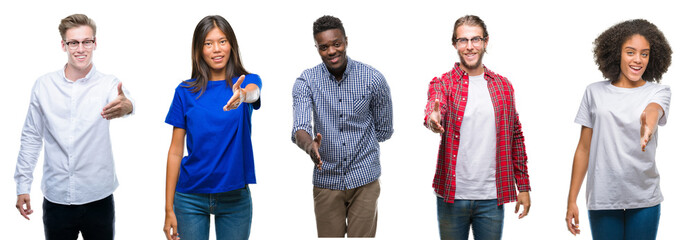 Collage of group of young asian, caucasian, african american people over isolated background...