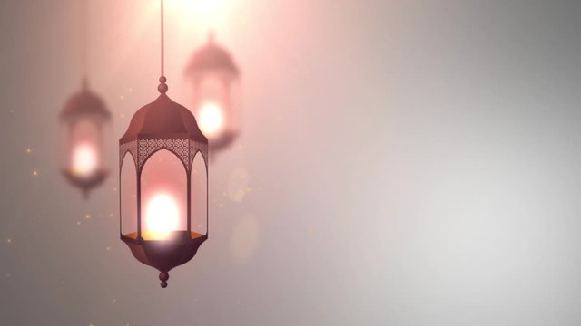 Ramadan candle lantern falling down hanging on string grey background