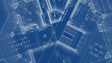 Architecture design: blueprint plan - illustration of a plan modern residential building / technology, industry, business concept illustration: real estate, building, construction, architecture