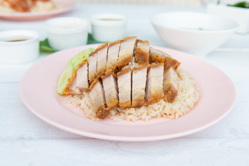 Hainanese rice with crispy pork , Thai gourmet steamed crispy pork rice