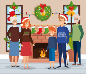 Obraz na płótnie Canvas family members with december clothes in livingroom