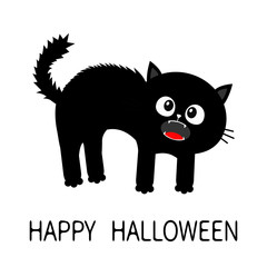 Happy Halloween. Frightened cat arch back. Screaming kitten. Hair fur stands on end. Eyes, fangs, moustaches whisker. Cute funny cartoon character. Isolated White background. Flat design.