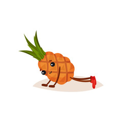 Cute humanized pineapple doing push ups. Cartoon character of tropical fruit. Sport and active lifestyle. Flat vector icon