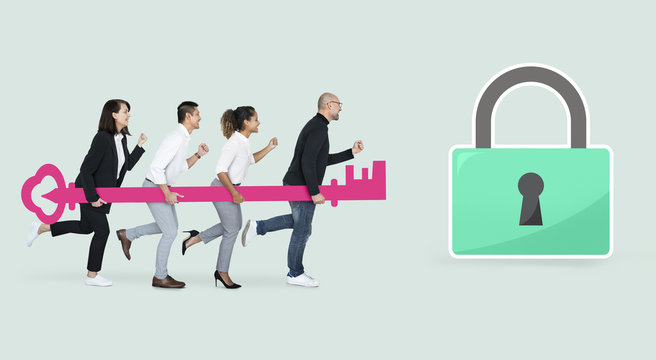 Business team with a large magnet - Powered by Adobe