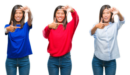 Collage of asian young woman standing over white isolated background smiling making frame with hands and fingers with happy face. Creativity and photography concept.