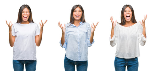 Collage of asian young woman standing over white isolated background crazy and mad shouting and yelling with aggressive expression and arms raised. Frustration concept.