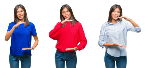 Obraz premium Collage of asian young woman standing over white isolated background gesturing with hands showing big and large size sign, measure symbol. Smiling looking at the camera. Measuring concept.