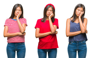 Collage of chinese asian woman over isolated background thinking looking tired and bored with depression problems with crossed arms.