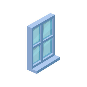 Big rectangular window with blue frame, windowsill and glass. Isometric vector element for website