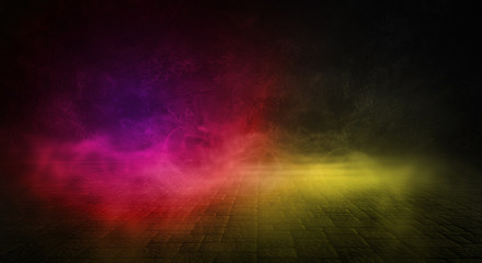 Background of empty room with spotlights and lights, abstract purple background with neon glow