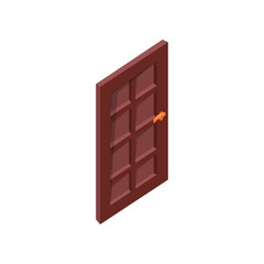 Isometric vector icon of entrance wooden door with golden handle. Element for computer or mobile game