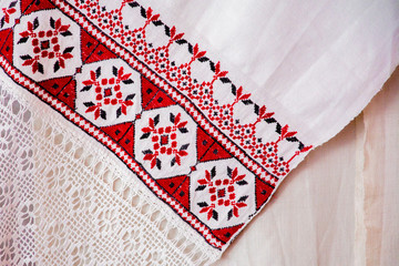 Slavic patterns, embroidery on clothing and towels. Cross-stitch.