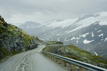 Geiranger, Norway, the road of the eagles. The road among the mountains of Geiranger ends with a very steep serpentine.
