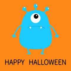 Happy Halloween. Blue monster silhouette. Cute cartoon scary funny character. Baby collection. One big eye, fang tooth, hands. Orange background. Isolated. Flat design.