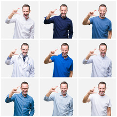 Collage of senior hoary elegant man over white isolated background smiling and confident gesturing with hand doing size sign with fingers while looking and the camera. Measure concept.