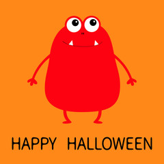 Happy Halloween. Red monster silhouette. Cute cartoon scary funny character. Baby collection. Eyes, fang tooth, hands. Orange background. Isolated. Flat design.