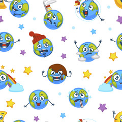 Earth planet expressing emotions emojis seamless pattern vector.