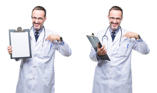 Collage of handsome senior hoary doctor man holding clipboard over isolated background with surprise face pointing finger to himself