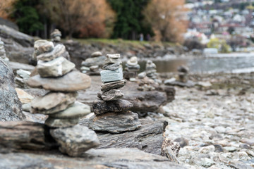Rock pile on beach in Queenstown, New Zealand