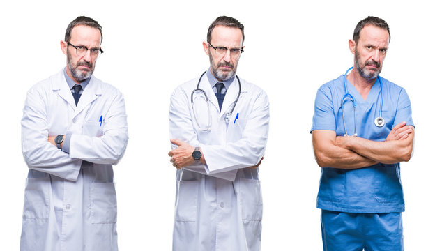 Collage of handsome senior hoary doctor man wearing surgeon uniform over isolated background skeptic and nervous, disapproving expression on face with crossed arms. Negative person.