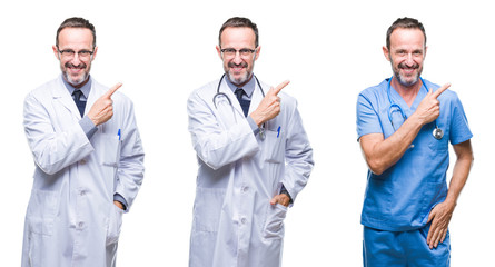 Collage of handsome senior hoary doctor man wearing surgeon uniform over isolated background cheerful with a smile of face pointing with hand and finger up to the side with happy and natural