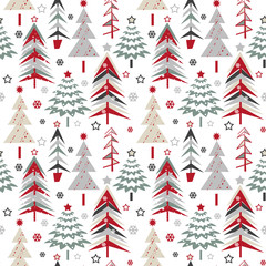 Seamless Christmas pattern with cartoon Christmas trees on white background.