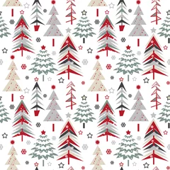 Rolgordijnen Kerstmis motieven Naadloos kerstpatroon met cartoon kerstbomen op witte achtergrond.
